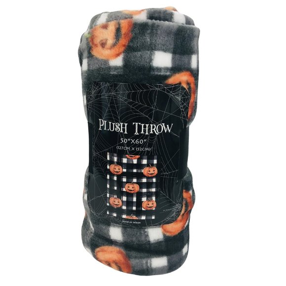 Halloween Plush Throw Blanket Black White Buffalo Check with Jack O Lanterns New - Picture 3 of 3